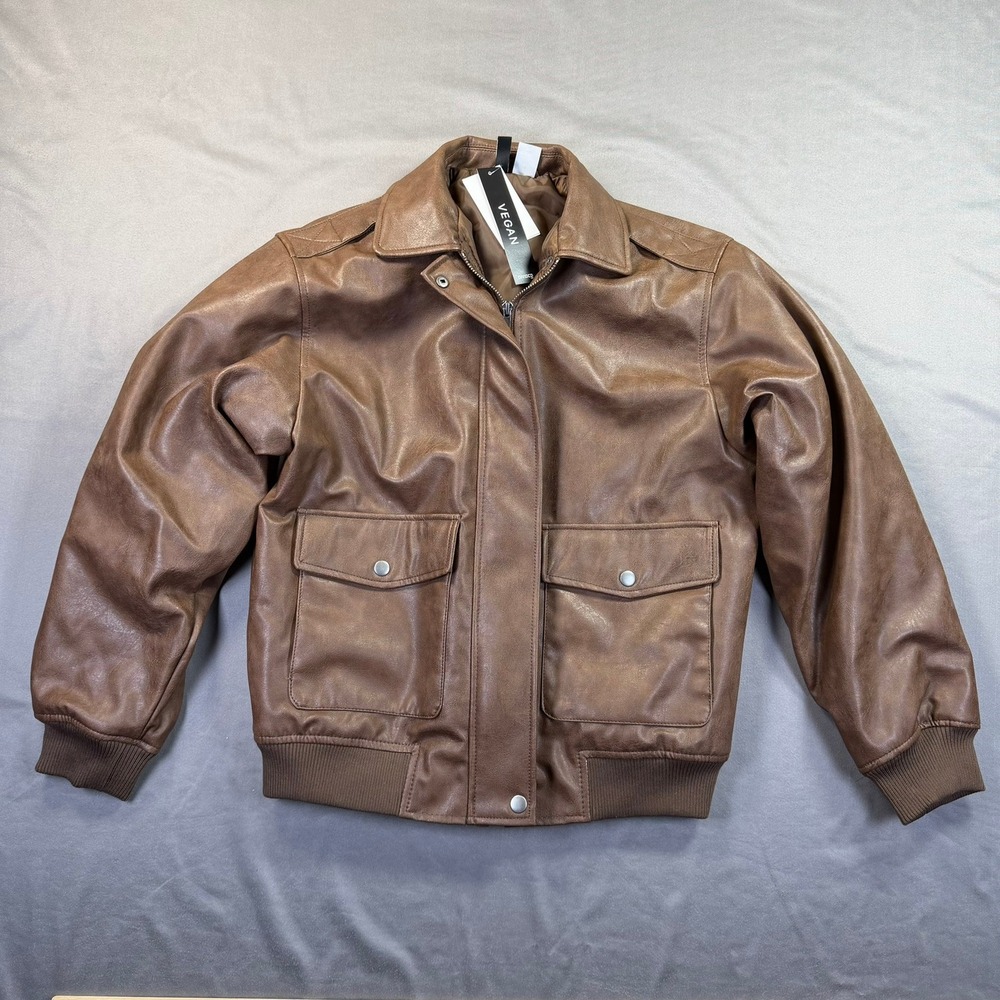 H&M Divided Bomber Jacket Womens XXS Brown Vegan Leather Padded Flight Coat
